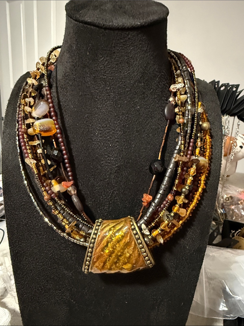 Chico’s Multi- Strand Statement Necklace Featuring Amber, Brown & Smoky Glass